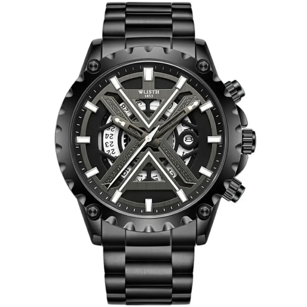 WLISTH 6191 MEN'S BLACK LUMINOUS QUARTZ WATCH – HOLLOW DIAL – STEEL BAND